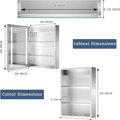ExBrite Lighted Bathroom Medicine Cabinet, 20 x 26 Inch, Recessed or Surface led Medicine Cabinet, Defog, Stepless Dimming,Color Temper Change, 2 Outlets, Storage Shelves, Left Hinge