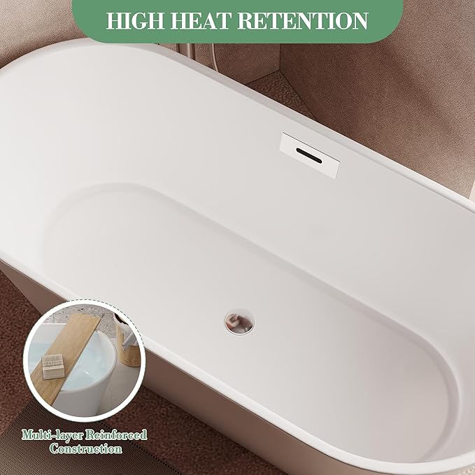 67 Inch Acrylic Soaking Bathtub, Modern Stand Alone Tub for Adults with Sloped Backrest, Chrome Drain & Overflow, cUPC Certified, Easy Installation, White Oval Bath