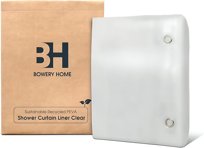 Bowery Home NOT Made in China Eco-Friendly Recycled PEVA Shower Curtain Liner – Waterproof, Sustainable, Non-Toxic Shower Curtain Liner, with Rust-Proof Grommets, 72x72IN, 4G – Clear