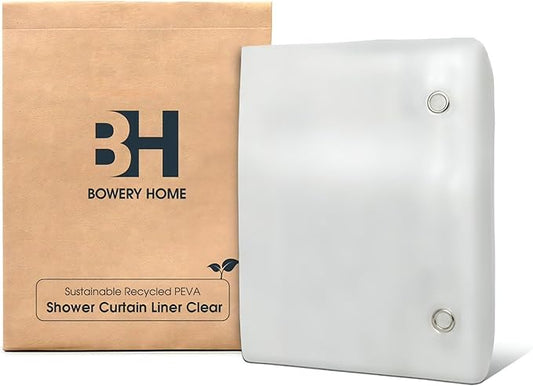 Bowery Home NOT Made in China Eco-Friendly Recycled PEVA Shower Curtain Liner – Waterproof, Sustainable, Non-Toxic Shower Curtain Liner, with Rust-Proof Grommets, 72x72IN, 8G – Clear