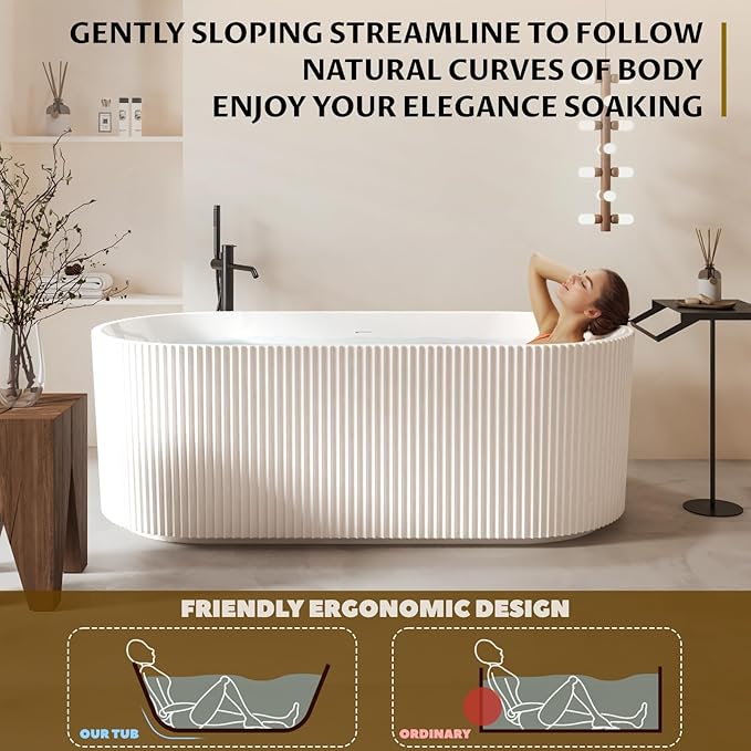 59" Acrylic Freestanding Bathtub with Textured Stripes, Deep Soak Tub, Space-Saving, Glossy Surface, Luxury Spa Design for Modern Bathrooms