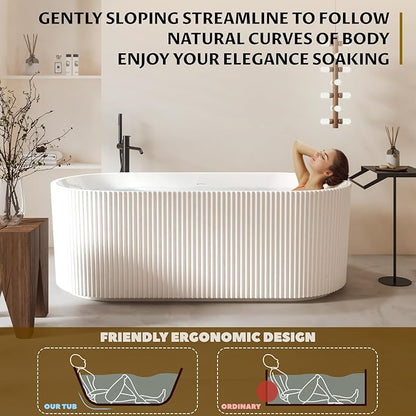 59" Acrylic Freestanding Bathtub with Textured Stripes, Deep Soak Tub, Space-Saving, Glossy Surface, Luxury Spa Design for Modern Bathrooms