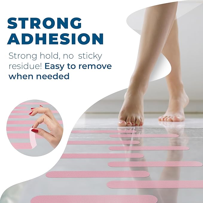 Anti-Slip Shower Stickers - Help Reduce Slipping in Bathtub & Shower, Pink Non-Slip Bath Strips, Strong Adhesive Bathtub Appliques Suitable for Homes with Kids, Adults & Seniors - 24 Pcs - Homergy