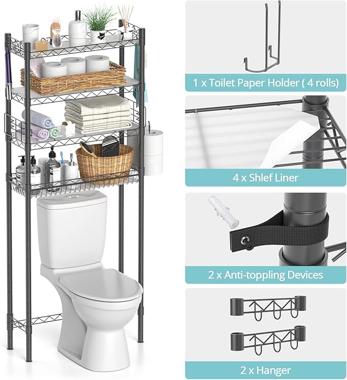 4-Tier Toilet Shelf Storage, Bathroom Organizer Shelves Over Toilet Storage, Above Toilet Tack Free Standing Bathroom Space Saver with Adjustable Basket and Shelves, Gray