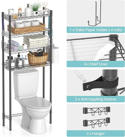 4-Tier Toilet Shelf Storage, Bathroom Organizer Shelves Over Toilet Storage, Above Toilet Tack Free Standing Bathroom Space Saver with Adjustable Basket and Shelves, Gray