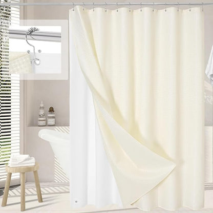 3 in 1 Extra Long Cream Shower Curtain Set-72 W x 84 H, Ivory Waffle and PEVA Liner Set with 12 Stainless Steel Hooks, Waterproof Fabric for Bathroom
