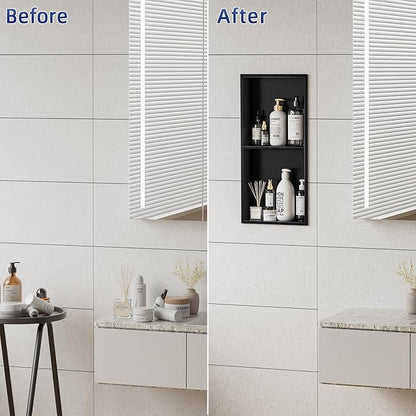 No Tile Needed Shower Niche - 12.75"x24.75"(Inner Size 12"X24") 304 Stainless Steel Recessed Bathroom Shelf, 2-Tier Waterproof Organizer Over Mount Cabinet for Shower Storage, Matte Black