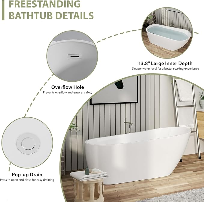 Mocoloo Freestanding Bathtub - 67 Inch Acrylic Stand Alone Soaking Bath Tub for Bathroom with a Right Overflow and Drain