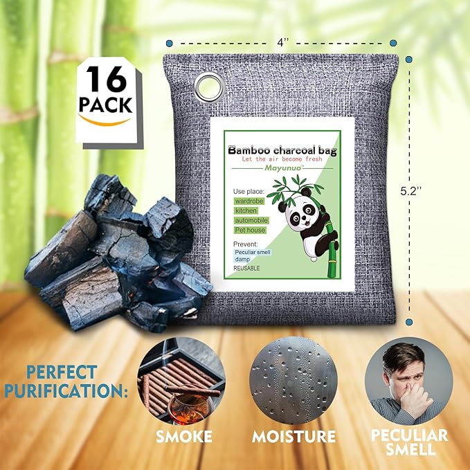 Activated Charcoal Odor Absorber for Strong Odor, Basement, Cars, Closets, Shoes, Smoke. 16 Pack Bamboo Charcoal Air Purifying Bags Deodorizer Odor Eliminator for Home