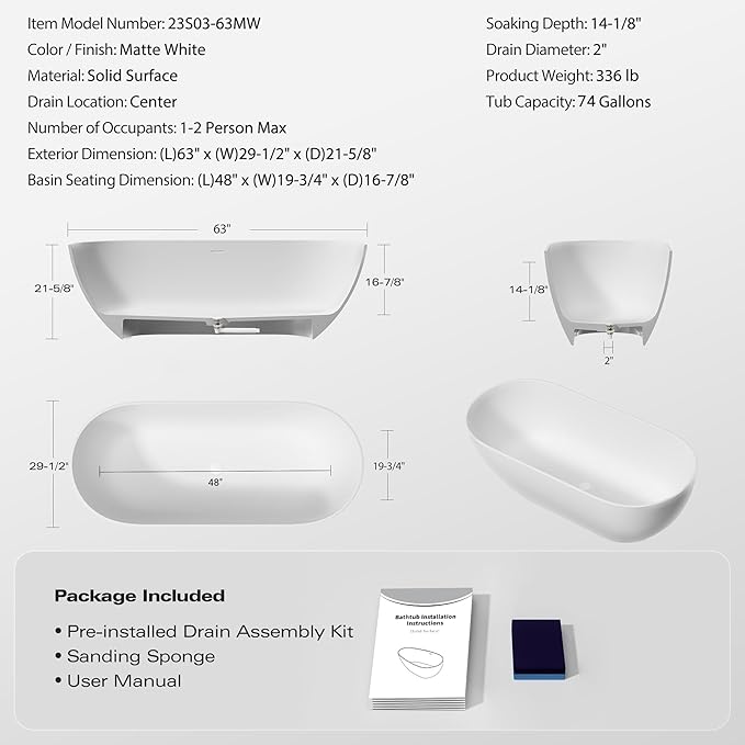 Abruzzo 63" Freestanding Bathtub Solid Surface - Oval Stone Resin Soaking Tub with Overflow & Pop-Up Drain, cUPC Certified Matte White, Heavy Duty for Modern Bathroom