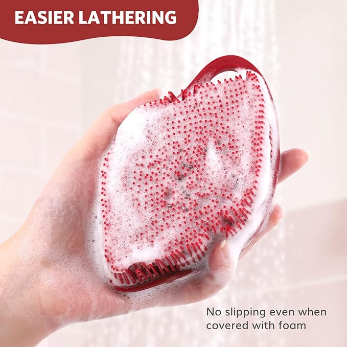 Sndyi Christmas Silicone Body Scrubber, Limited Edition Leaf-Shaped Shower Brush for Gentle Cleanse & Exfoliation, Soft Silicone Loofah Body Brush for Sensitive Skin, Perfect Holiday Gift, Festive Red