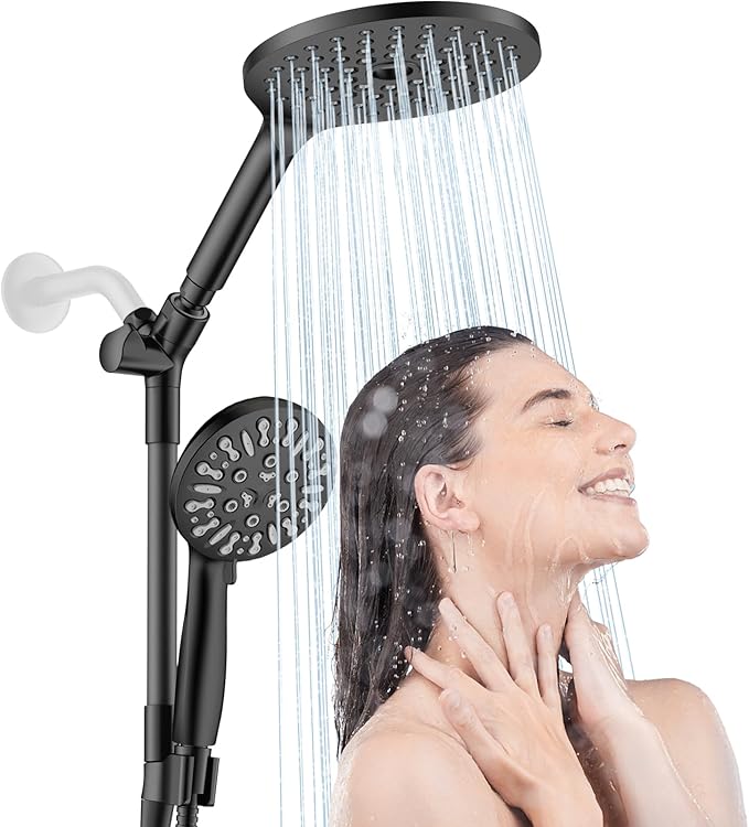 HOWUWEY Dual Shower Heads with Handheld Spray Combo, 7.5" High Pressure Rainfall Showerhead, Double Shower Heads with Handheld Spray, 9 Modes Hand Showerhead with 79" Hose (Standard, Matte Black)