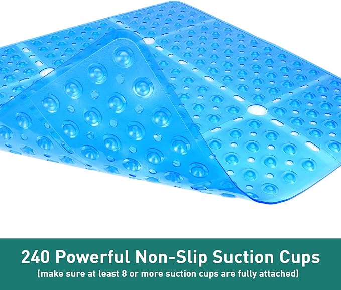 Large Square Shower Mat Non Slip 27x27 Inch, Square Bath Mat Tub Mat for Inside Shower Bathroom Floor, Shower Stall Mats With Big Suction Cup Drain Holes, Easy Washable, BPA-Free, Clear Blue