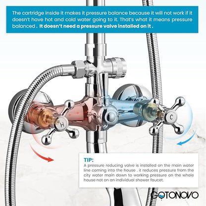 gotonovo Bathroom Classic Exposed Shower Faucet Wall Mount Shower System 8 Inch Luxurious Rainfall Shower Head Set with Tub Spout and Handheld Spray Double Cross Handles Polished Chrome