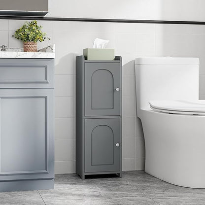 Bathroom Storage Cabinet, Corner Floor Cabinet with 2 Doors and Adjustable Shelf, Narrow Toilet Paper Cabinets, Bathroom Organizer for Small Spaces, 7.9" D x 9.8" W x 29.5" H Gray