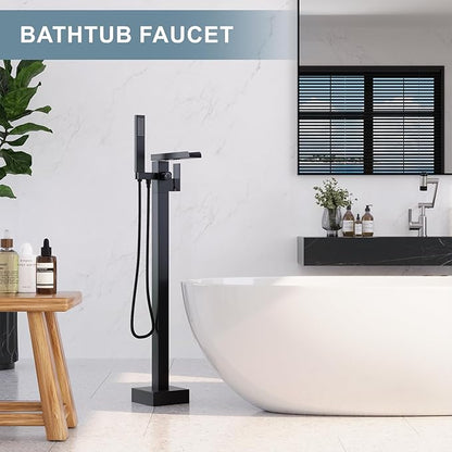 Freestanding Bathtub Faucet, Floor Mount Bathtub Faucet with 2 Water Outlet Modes, Swivel Gooseneck Spout with Hand Shower,Single Handle, Max Flow Rate 7.4 GPM (Waterfall-Black)