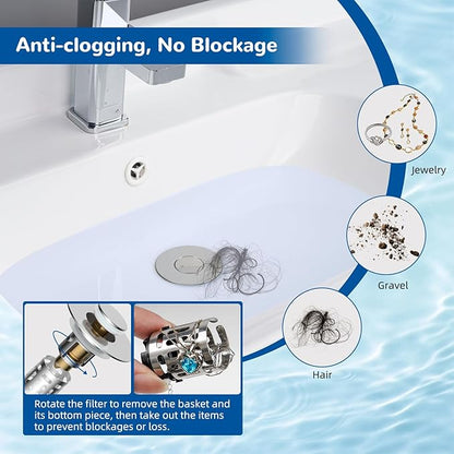 Hibbent 2 Pack 3 in 1 Bathroom Sink Drain Strainer, Universal Pop Up Stopper with Removable Stainless Steel Filter Basket Hair Catcher, Sink Plug for 1.1''~2.36'' Basin, Brass Bullet Core, Chrome
