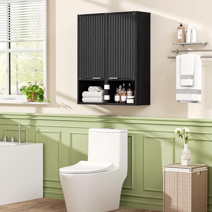 59.1" Tall Slim Bathroom Storage Cabinet Black | Freestanding or Wall Mounted Modular Cabinet, Fluted Panel Linen Tower with Adjustable Shelves for Small Spaces