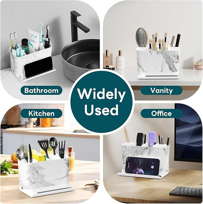 Toothbrush Holders, Toothbrush Caddy with Front Ledge and Cord Slots, Detachable Tooth Brush Holder for Bathroom Countertop, Shower, Vanity, Large Capacity 6 Slots Marble Bathroom Accessories