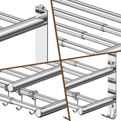 Bathroom Towel Rack with Shelf and Towel Bar, 2-Tier Expandable (16.9 to 28 Inches) SUS304 Stainless Steel, Wall Mounted or Adhesive, 4 Sliding Hooks Rust Resistant, Rounded Corners, Side Guards