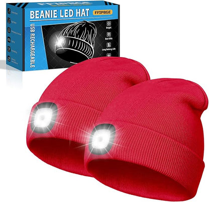 Christmas Stocking Stuffers for Men Adults, Beanie Hats with Light, USB Rechargeable LED Hand Free Headlamp, Birthday Gifts for Men, Women, and Teens, Ideal for Camping, Hiking, 2 Pack, Red