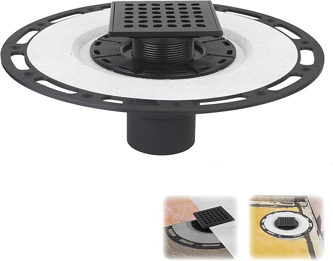 Square Shower Drain, 4-Inch Matte Black Kit with Bonding Flange, Removable Stainless Steel Grate & Hair Strainer, Fits 2" & 3" Pipes for Tiled Floors