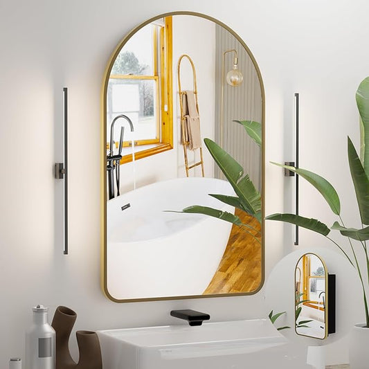 Arched Bathroom Medicine Cabinet with Mirror, No Assembly Needed, Recessed or Surface Mount Wall Storage Cabinet, Mirror Cabinet with Tissue Slot & 2X Magnifying Mirror (Gold, 31.5"L x 19.7")