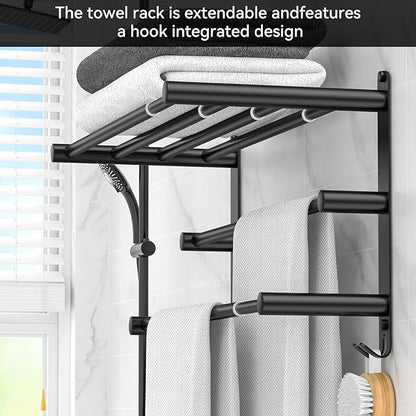 Black Adjustable Towel Bar for Bathroom Wall Mount17-30.7inch Adhesive Shower Towel Rack Stainless Steel Bath Towel Holders for Toilet Kitchen Double Towel Hanger (Black 3-Layer Towel Rack)
