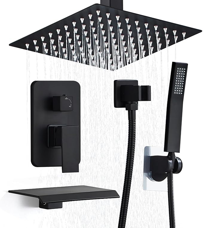 10 Inch Shower Faucet Set, Ceiling Mounted Rainfall Shower System with High Pressure Handheld Shower Head, Bathroom Mixer Shower Set Rough-in Valve and Trim Kit, Matte Black, with Tub Spout