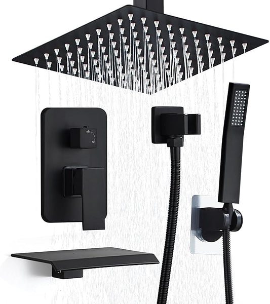 10 Inch Shower Faucet Set, Ceiling Mounted Rainfall Shower System with High Pressure Handheld Shower Head, Bathroom Mixer Shower Set Rough-in Valve and Trim Kit, Matte Black, with Tub Spout