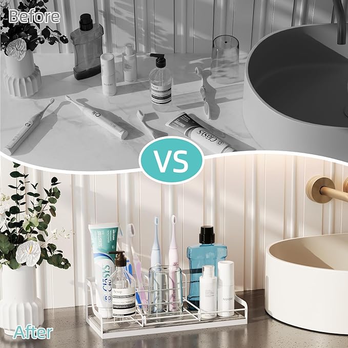 Toothbrush Holders, Bathroom Organizers and Storage with Instant Drying Stone, 6 Slots Bathroom Accessories with Adjustable Toothpaste Holders, Bathroom Counter Organizer, White
