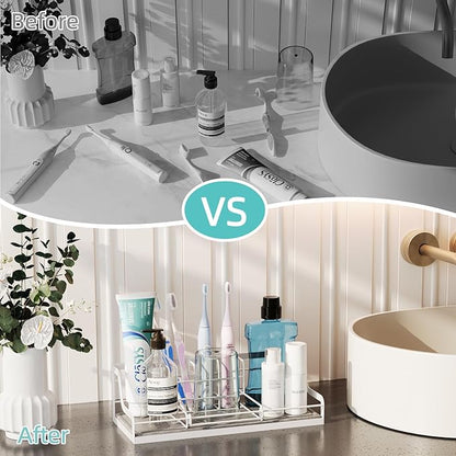 Toothbrush Holders, Bathroom Organizers and Storage with Instant Drying Stone, 6 Slots Bathroom Accessories with Adjustable Toothpaste Holders, Bathroom Counter Organizer, White