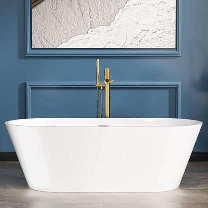Sarlai 67 Inch Acrylic Freestanding Soaking Bathtub Contemporary Soaking White Tub Stand Alone Ergonomic Bathtub with Black Drain
