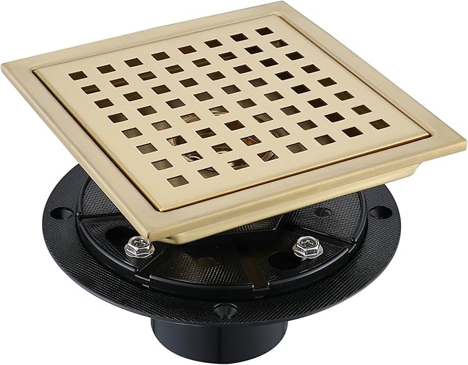 4 Inch Square Shower Floor Drain, Stainless Steel Black Shower Drain Kit with Flange, Floor Drain with Removable Grid Cover,Brushed Gold