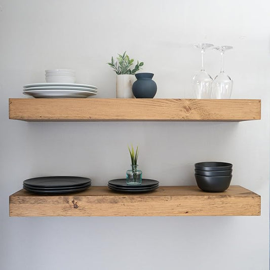 Urbandi Modern Floating Shelves 3 Inches Thick for Wall, Wide Shelves for Kitchen, Living Room, Bedroom, and Bathroom, Natural Pine Wood, Rustic Wooden Shelf, (Set of 2) (Aged Oak, 60Lx3Hx6D)