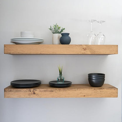 Urbandi Modern Floating Shelves 3 Inches Thick for Wall, Wide Shelves for Kitchen, Living Room, Bedroom, and Bathroom, Natural Pine Wood, Rustic Wooden Shelf, (Set of 2) (Aged Oak, 24Lx3Hx8D)