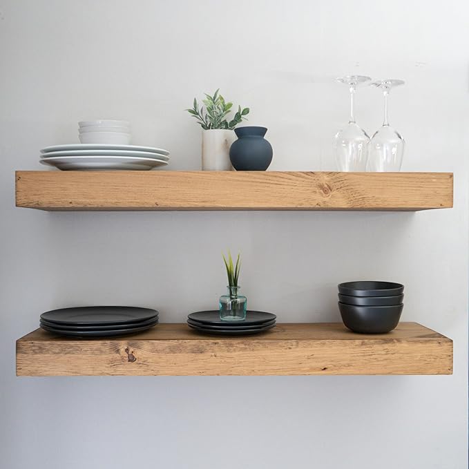 Urbandi Modern Floating Shelves 3 Inches Thick for Wall, Wide Shelves for Kitchen, Living Room, Bedroom, and Bathroom, Natural Pine Wood, Rustic Wooden Shelf, (Set of 2) (Aged Oak, 48Lx3Hx8D)