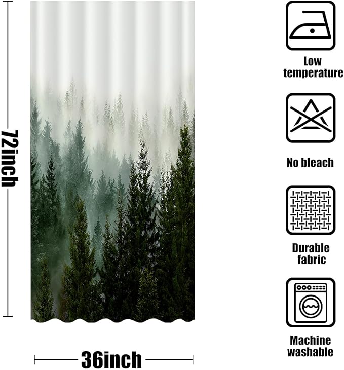 Aipon Green Misty Forest Shower Curtain Nature Tree Shower Curtain Set Dark Green Fabric Waterproof Shower Curtains for Bathroom Decor (36'' × 72'', Green4)