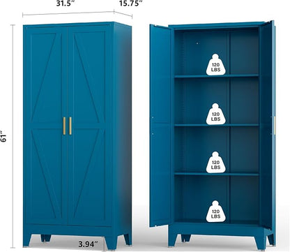 Blue Metal Kitchen Pantry Cabinet, 61" Tall Farmhouse Storage Cabinet with 2 Vintage Barn Doors and 4 Adjustable Shelves, Rustic Freestanding Cupboard for Kitchen,Home Office Living Room,Dining Room