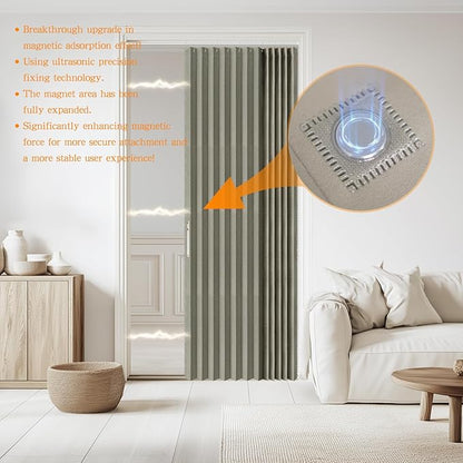 Accordian Door Curtain, 100% Blackout Folding Magnetic Doorway Curtains,Linen Style Closet Doors,for Room Divider,Privacy Protection（W72 x L78,Grey,1 Panel）