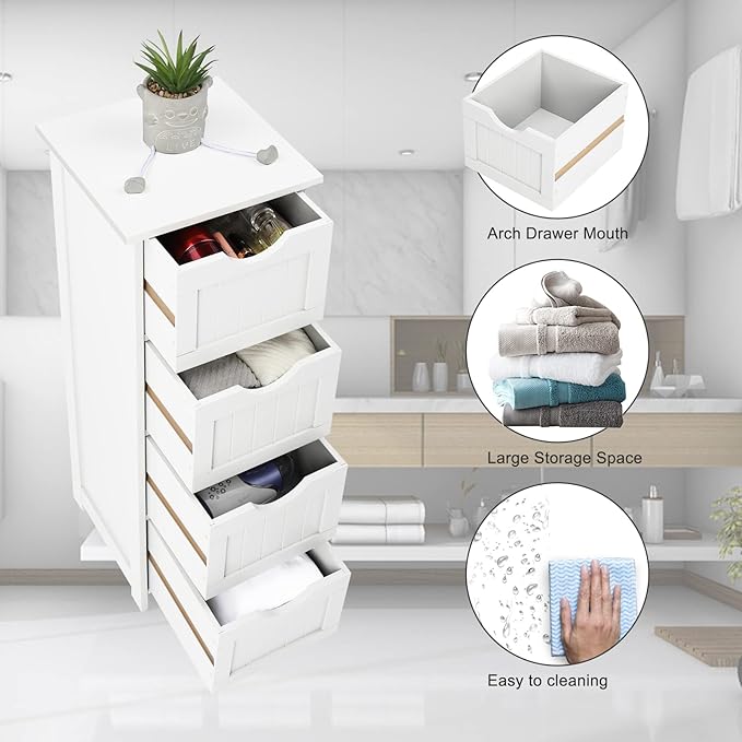 Bonnlo Skinny Bathroom Floor Storage Cabinet,White 12 Inch Wide Deep Small Storage Organizer with 4 Drawers, Wooden Modern Thin Free Standing Tower Cabinet w/ 4 Cute Drawers for Bathroom, Living Room