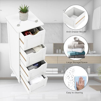 Bonnlo Skinny Bathroom Floor Storage Cabinet,White 12 Inch Wide Deep Small Storage Organizer with 4 Drawers, Wooden Modern Thin Free Standing Tower Cabinet w/ 4 Cute Drawers for Bathroom, Living Room