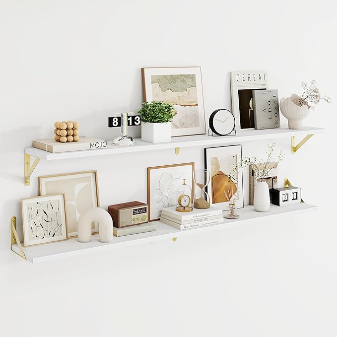 Dreamland 8 inch Deep Floating Shelves for Wall, 55 inch Long White Wall Mounted Shelves Set of 2, Wide Ledge Shelf with Gold Sturdy Metal Brackets for Living Room, Bathroom, Bedroom and Kitchen