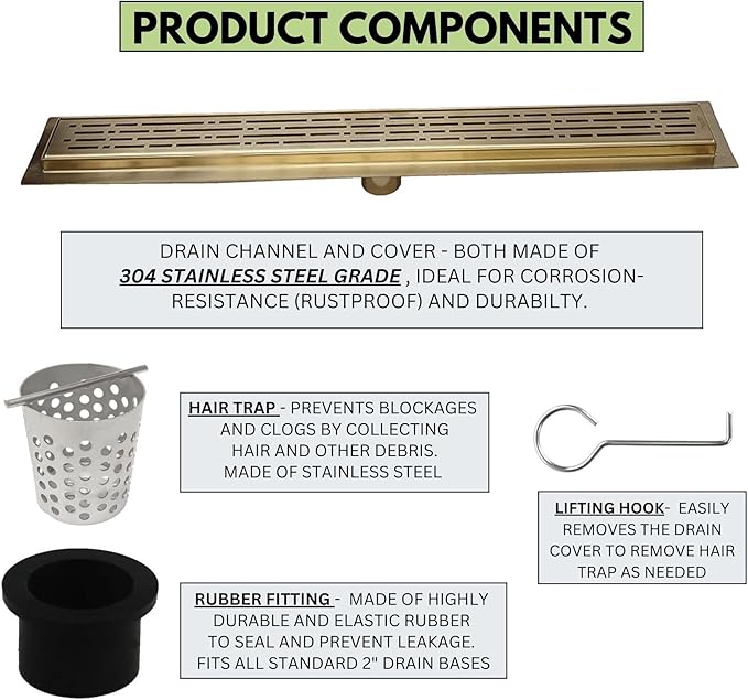 SereneDrains 304 Stainless Steel 16 Inch Brushed Gold Shower Drain Kit Broken Lane Brass Linear Shower Drains Long Hair Catcher Strainer Grate Cover Bathroom Floor (Matte Gold, 16 Inch)