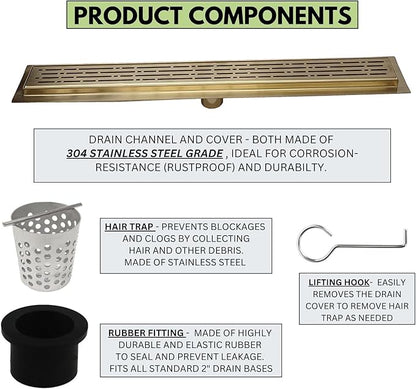 SereneDrains 304 Stainless Steel 16 Inch Brushed Gold Shower Drain Kit Broken Lane Brass Linear Shower Drains Long Hair Catcher Strainer Grate Cover Bathroom Floor (Matte Gold, 16 Inch)