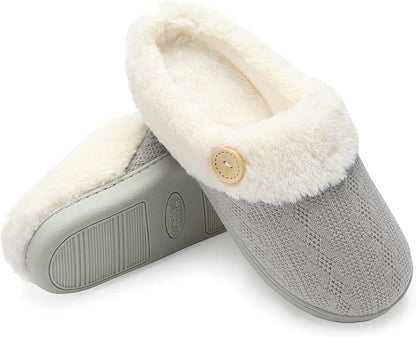 Chantomoo Womens Slipper Warm Comfy Memory Foam House Slippers Knitted Shoes Faux Fur Lined Anti-Skid Rubber Sole Bedroom Cozy Indoor Outdoor Slippers