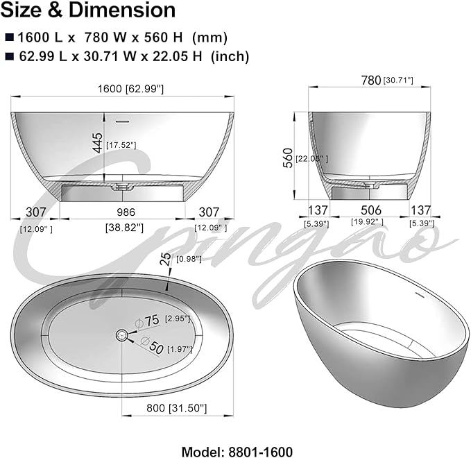 Cpingao 63" Freestanding Bathtub, Oval Shaped Resin Stone Freestanding Tubs, Solid Surface Matte White Soaking Tub with Overflow and Pop-up Drain 8801-1600