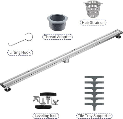 Linear Shower Drain 54", Brushed Floor Drain with Tiled Insert Grate & Hair Strainer, 304 Stainless Steel Bathroom 2-in-1 Tiled in Drain, CUPC Certified (Brushed, 54'')