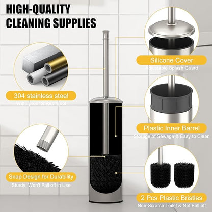 BESy Toilet Brush and Holder, Toilet Cleaner Bowl Set with Two Brush with Extra Long Handle, Durable Bristles Toilet Scrubber and Covered Holder, Drip-Proof Stainless Steel Brushed Nickel