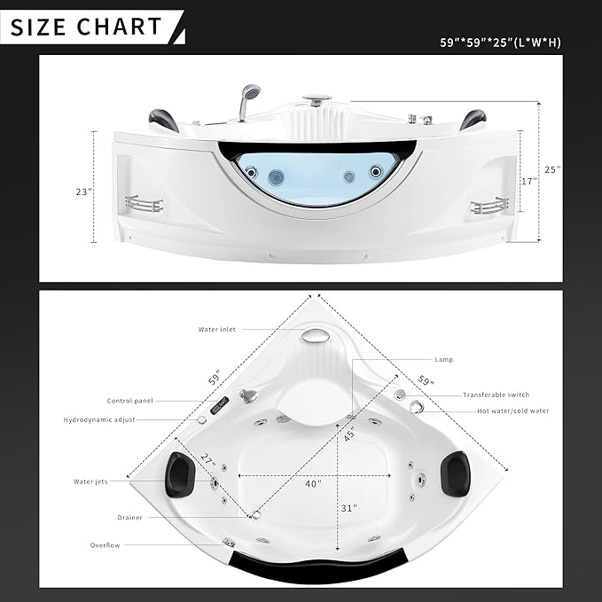 Empava Corner Whirlpool Bathtub with Heater,2 Person 59" Jetted Tub with Light,Spa Hydromassage with Chromatherapy,Acrylic,White, ETL Certified